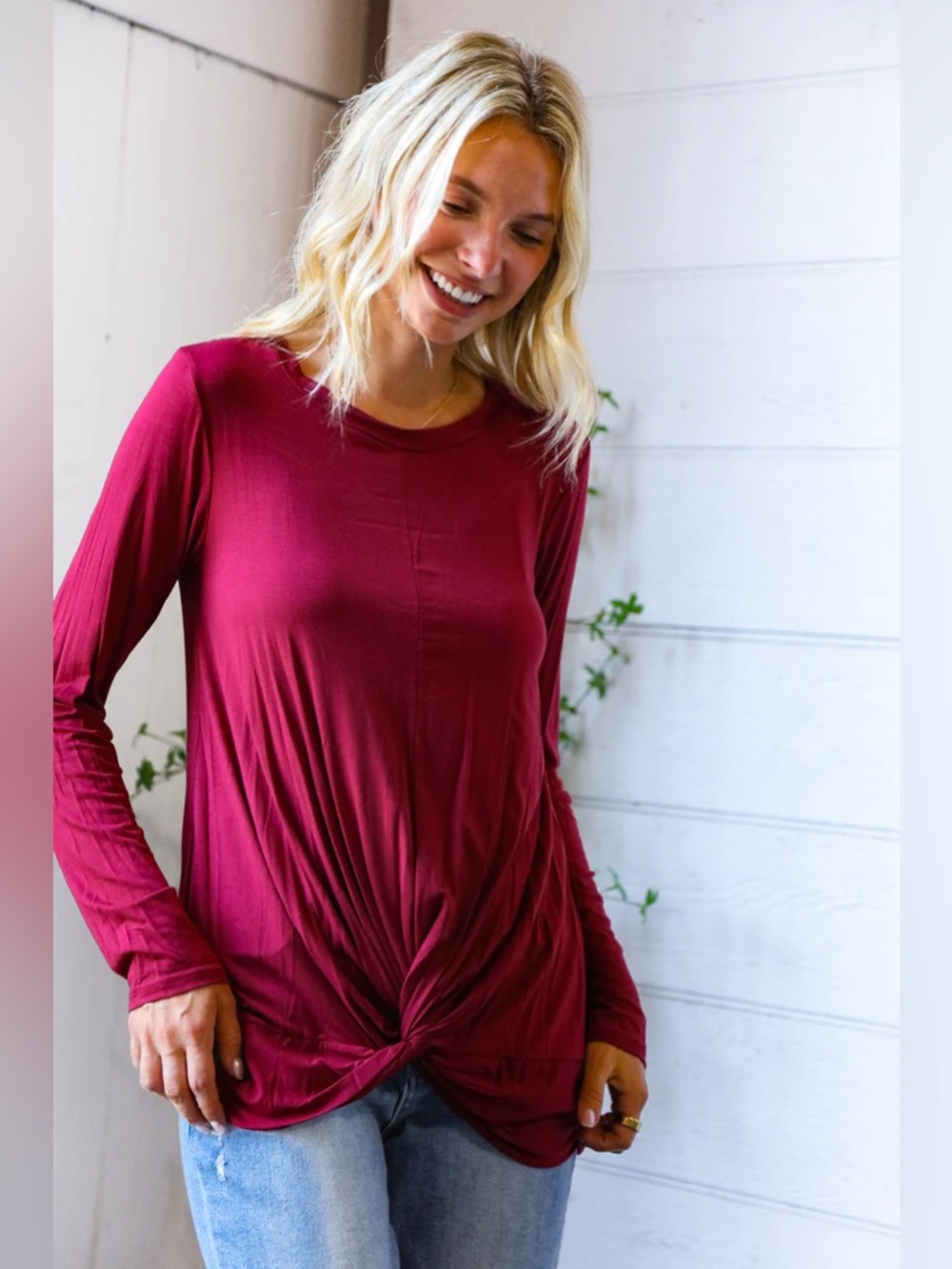 B137 Beeson River Cranberry Knot Front Long Sleeve Top